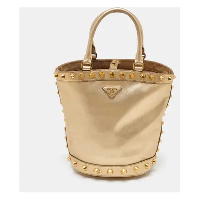 Prada Metallic Gold Saffiano Vernice Leather Studded Satchel