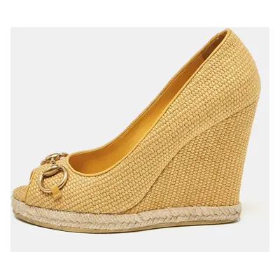 Gucci Yellow Raffia and Leather Charlotte Horsebit Wedge Pumps Size