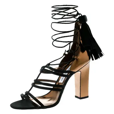 Jimmy Choo Black Satin and Metallic Bronze Leather Diamond Ankle Tie Up Sandals Size