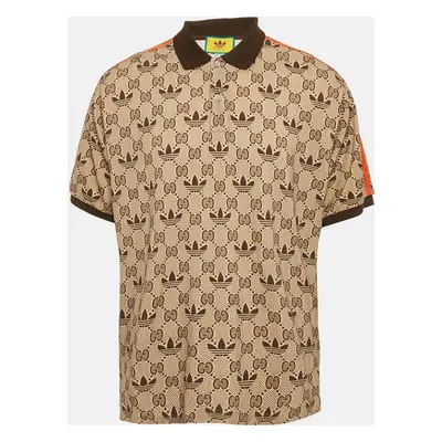 Gucci X Adidas Beige Logo Print Cotton Polo T-Shirt