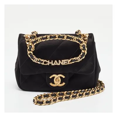 Chanel Black Quilted Satin Top Handle Flap Bag