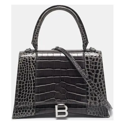 Balenciaga Black Croc Embossed Leather Medium Hourglass Top Handle Bag