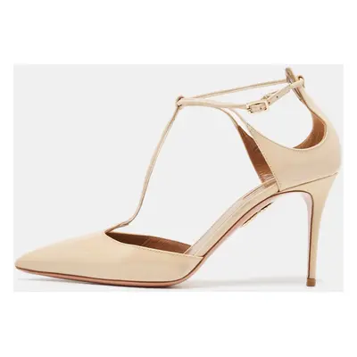 Aquazzura Beige Patent Leather T-Bar Ankle Strap Pumps Size