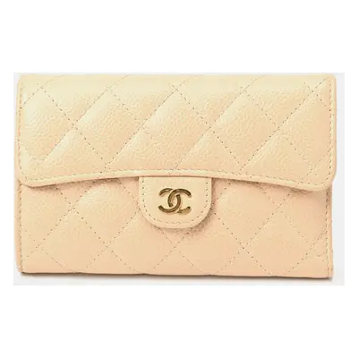 Chanel Beige Caviar Skin Matelasse Medium Flap Wallet