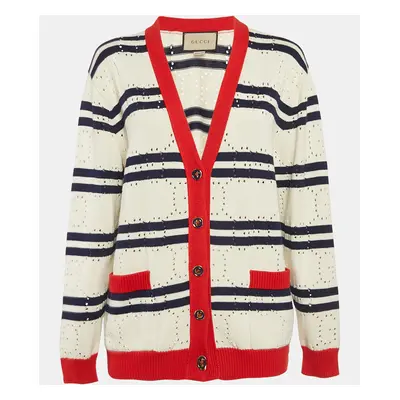 Gucci Cream GG Pointelle Knit Striped Button Front Cardigan