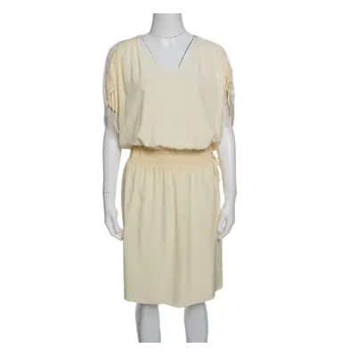 Chloe Vanilla Yellow Smocked Waist Lace Insert Tie Detail Dress