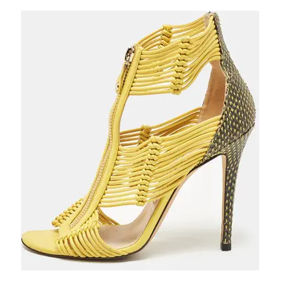 Jimmy Choo Yellow Leather and Snakeskin Embossed Leather Kattie Ankle Strap Sandals Size