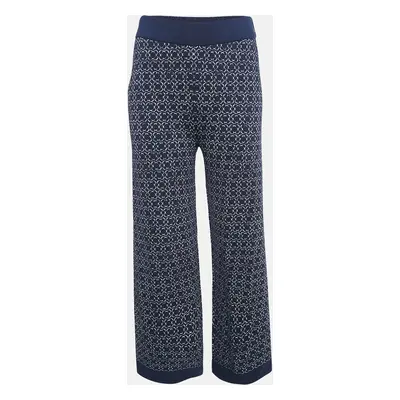 Carolina Herrera Navy Blue Patterned Jersey Wide-Leg Pants