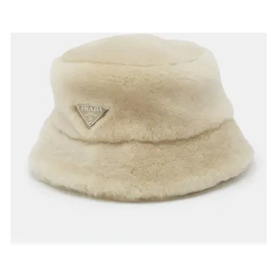 Prada Cream Shearling Logo Plaque Bucket Hat