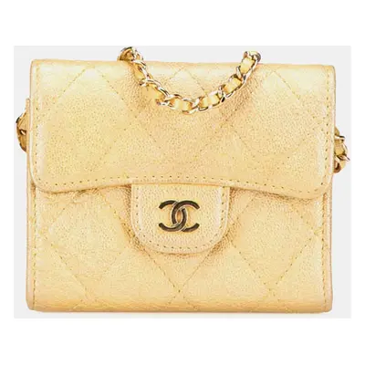 Chanel Gold CC Quilted Iridescent Caviar Flap Card Holder on Chain