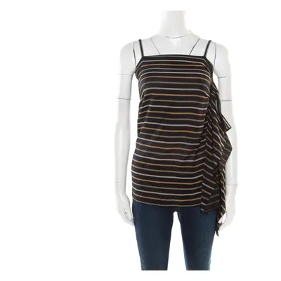 Chloe Noir Striped Silk Asymmetric Draped Detail Lurex Strap Top