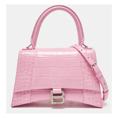 Balenciaga Pink Croc Embossed Leather Hourglass Top Handle Bag