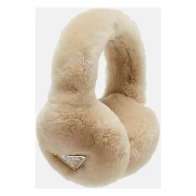 Prada Cream Shearling Triangle Logo Plaque Earmuffs