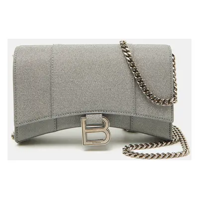 Balenciaga Grey Glitter Fabric Hourglass Wallet on Chain