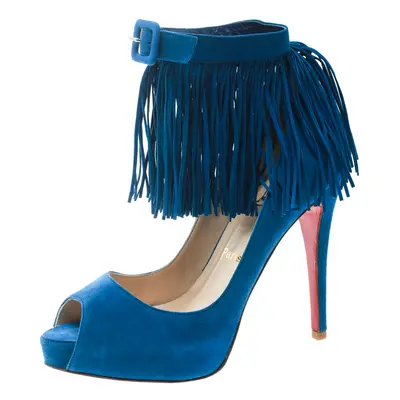 Christian Louboutin Cobalt Blue Suede Tina Fringe Detail Ankle Strap Peep Toe Pumps Size