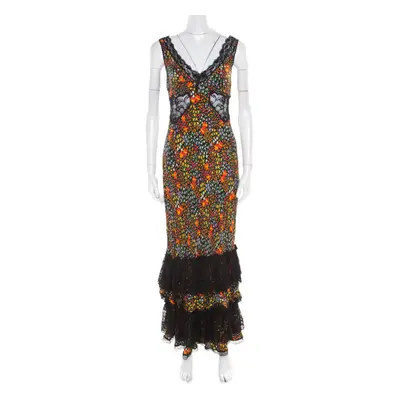 Dolce & Gabbana Multicolor Floral Print Silk Sheer Lace Insert Sleeveless Maxi Dress