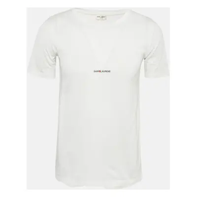 Saint Laurent Paris White Logo Print Cotton Crew Neck T-Shirt