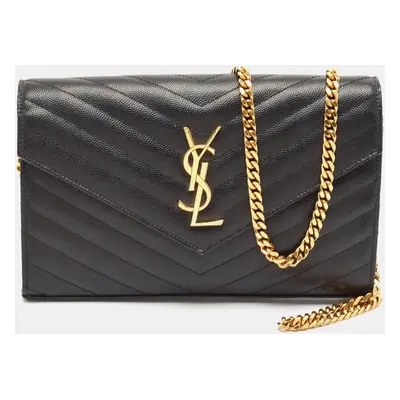 Saint Laurent Black Leather Matelasse Cassandre Envelope Wallet on Chain