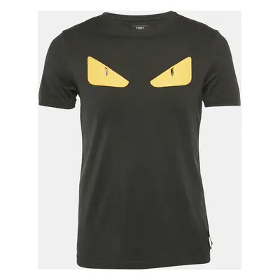 Fendi Black Cotton Monster Leather Applique Detail Crew Neck T-Shirt