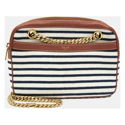 Celine Brown/Navy/White Leather and Canvas Striped Shoulder Bag