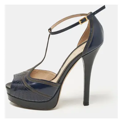 Fendi Navy Blue Leather Ankle Strap Sandals Size 37.5