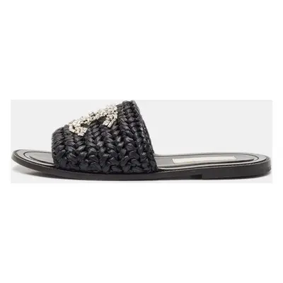 Chanel Black Braided Raffia Crystal Embellished CC Flat Slides Size 39.5