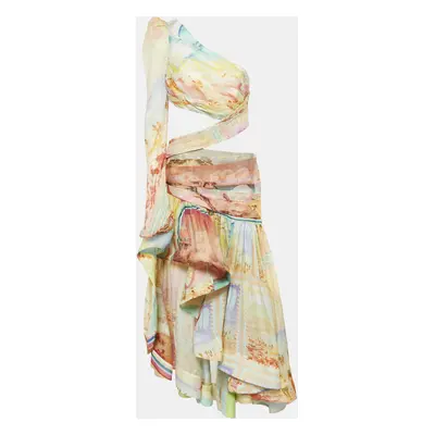 Zimmermann Multicolor Printed Linen and Silk Cut-Out Detail One Shoulder Gown