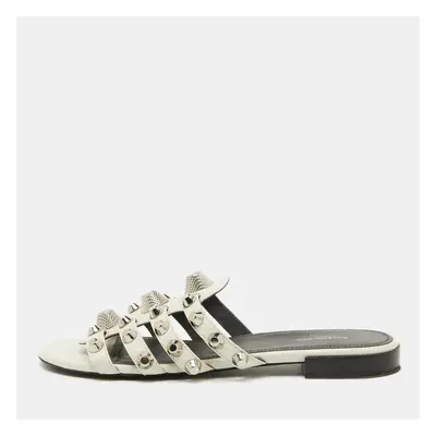 Balenciaga White Leather Studded Arena Flat Slide Sandals Size