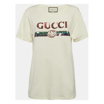 Gucci Cream Logo Sequin Embellished Round Neck Oversize T-Shirt