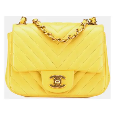 Chanel Yellow Mini Square Classic Chevron Lambskin Single Flap Bag