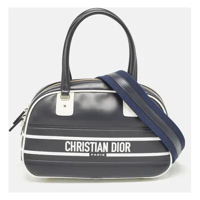 Dior Navy Blue/White Leather and Rubber Medium Vibe Bowler Bag