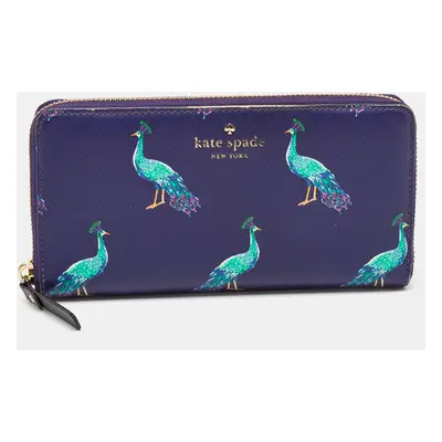 Kate Spade Purple Leather Peacock Print Zip Continental Wallet