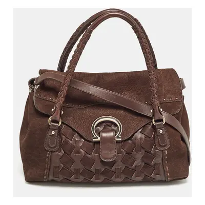 Salvatore Ferragamo Dark Brown Nubuck and Leather Woven Gancini Flap Satchel