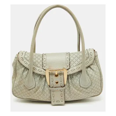 Celine Light Grey Perforated Leather Buckle Detail Satchel