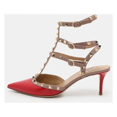 Valentino Red/Beige Patent Leather Rockstud Ankle Strap Pumps Size