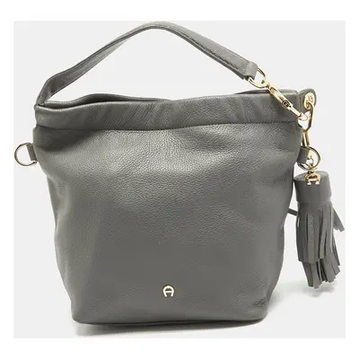 Aigner Grey Leather Tassel Charm Hobo