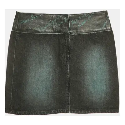 Versace Jeans Couture Black Washed Denim Leather Detail Mini Skirt