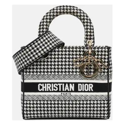 Dior Black Medium Canvas Houndstooth Embroidered Lady D Lite Tote Bag