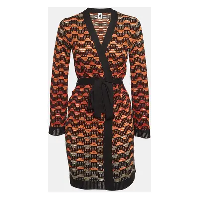 M Missoni Orange/Black Patterned Knit Belted Cardigan