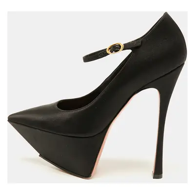 Amina Muaddi Black Satin Yigit Platform Pumps Size