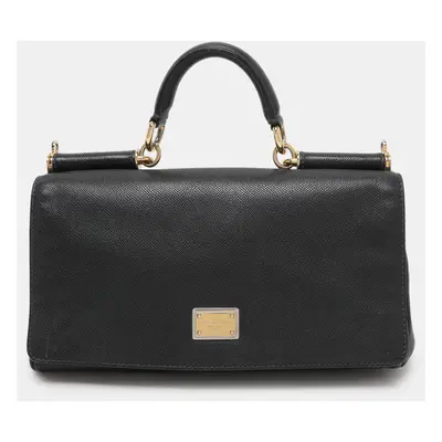 Dolce & Gabbana Black Leather Miss Sicily Chain Top Handle Bag