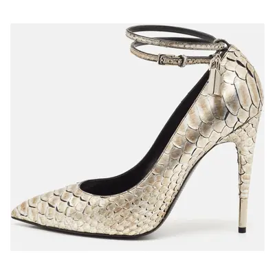 Tom Ford Gold Python Leather Padlock Ankle Strap Pointed Toe Pumps Size