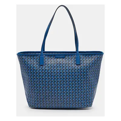 Tory Burch Blue Basketweave Print Coated Canvas Ever-Ready Zip Tote