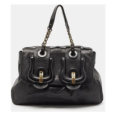 Fendi Black Pebbled Leather and Patent Leather B Shoulder Bag