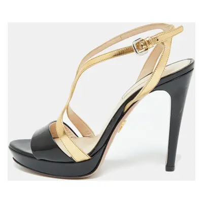 Prada Black/Gold Leather Strappy Platform Sandals Size