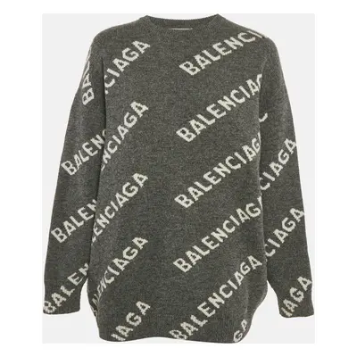 Balenciaga Grey Logo Intarsia Wool Knit Sweater