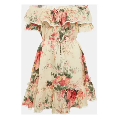 Zimmermann Beige Floral Print Off-Shoulder Ruffled Mini Dress