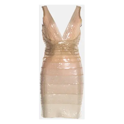 Herve Leger Beige Bandage Knit Sequin Bodycon Dress