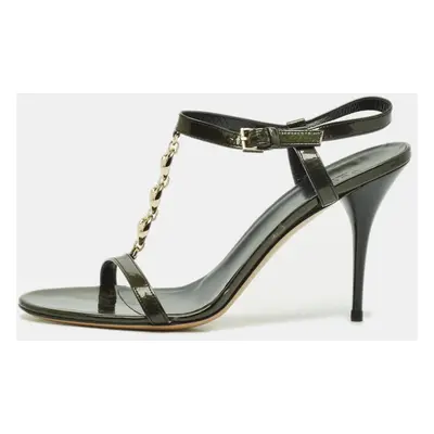 Gucci Dark Green Patent Leather Metal T-Strap Sandals Size