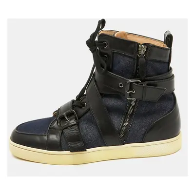 Christian Louboutin Navy Blue/Black Fabric and Leather High Top Sneakers Size